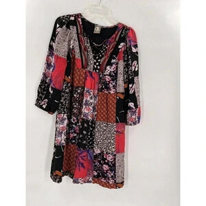 One September Anthroplogie Boho Patchwork Dress Womens XSMALL Black Floral Beads